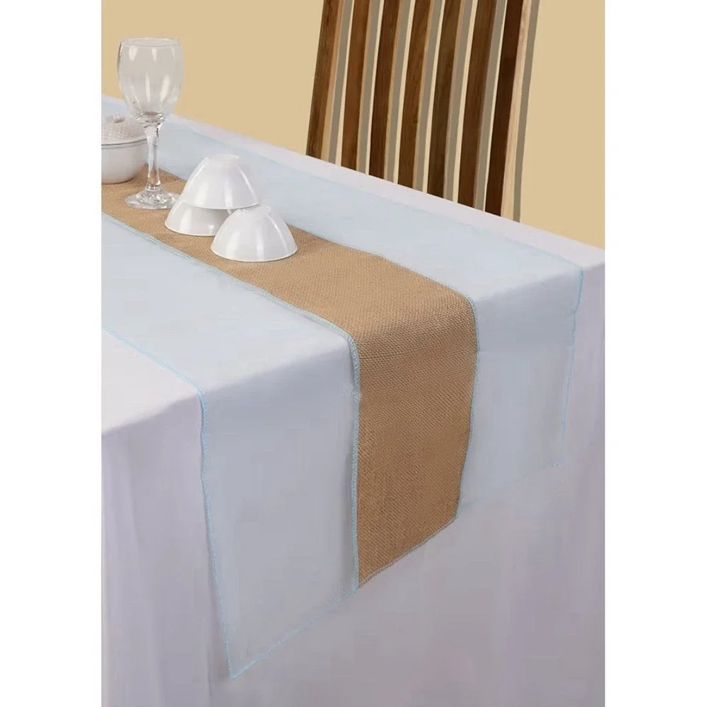 Elegant Premium Jute + Organza Table Runner - Natural & Pack Of 2 PC Baby Blue